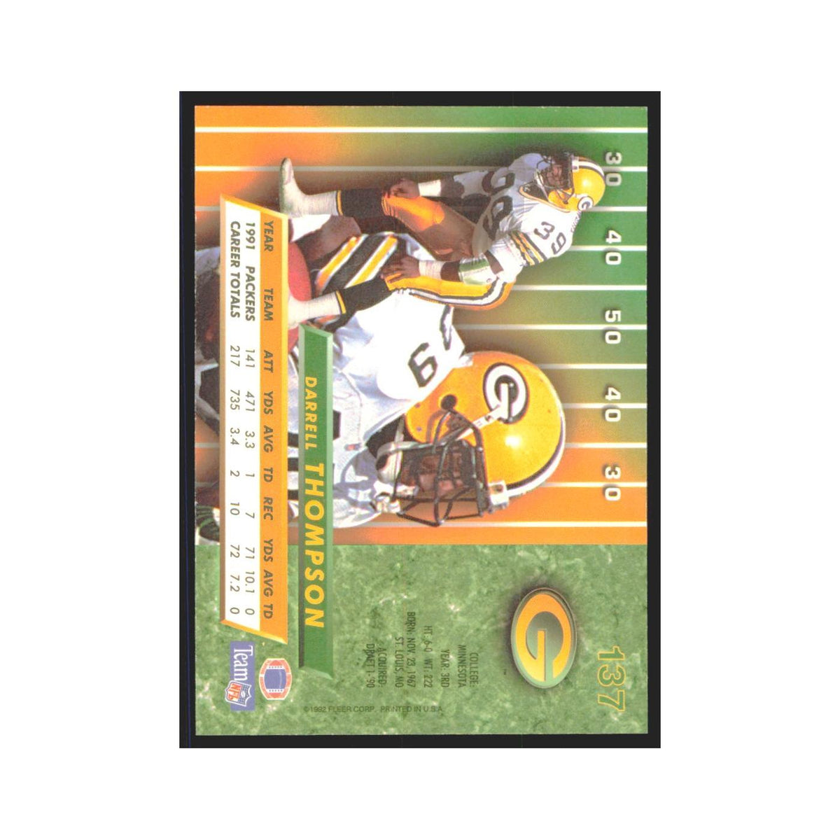 Darrell Thompson 1992 Fleer Ultra #137 Football Cards Football Card NM