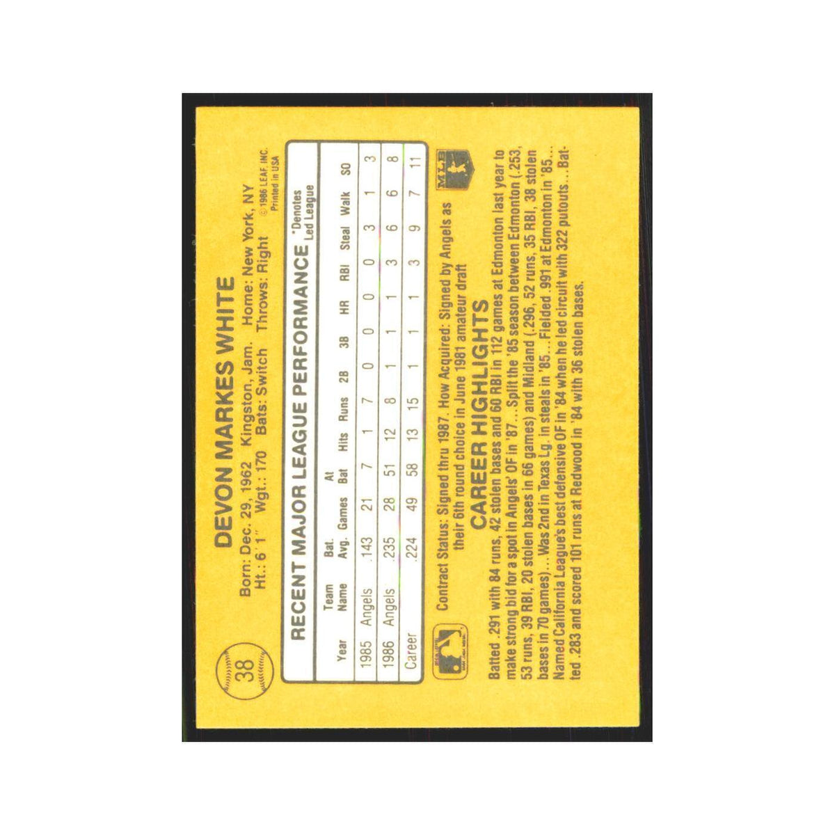 Devon White Rookie 1987 Donruss #38 California Angels Baseball Card NM