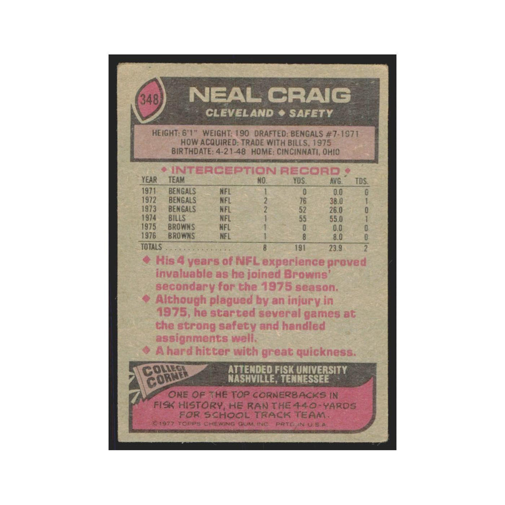 Neal Craig 1977 Topps #348 Football Cards Football Card EX