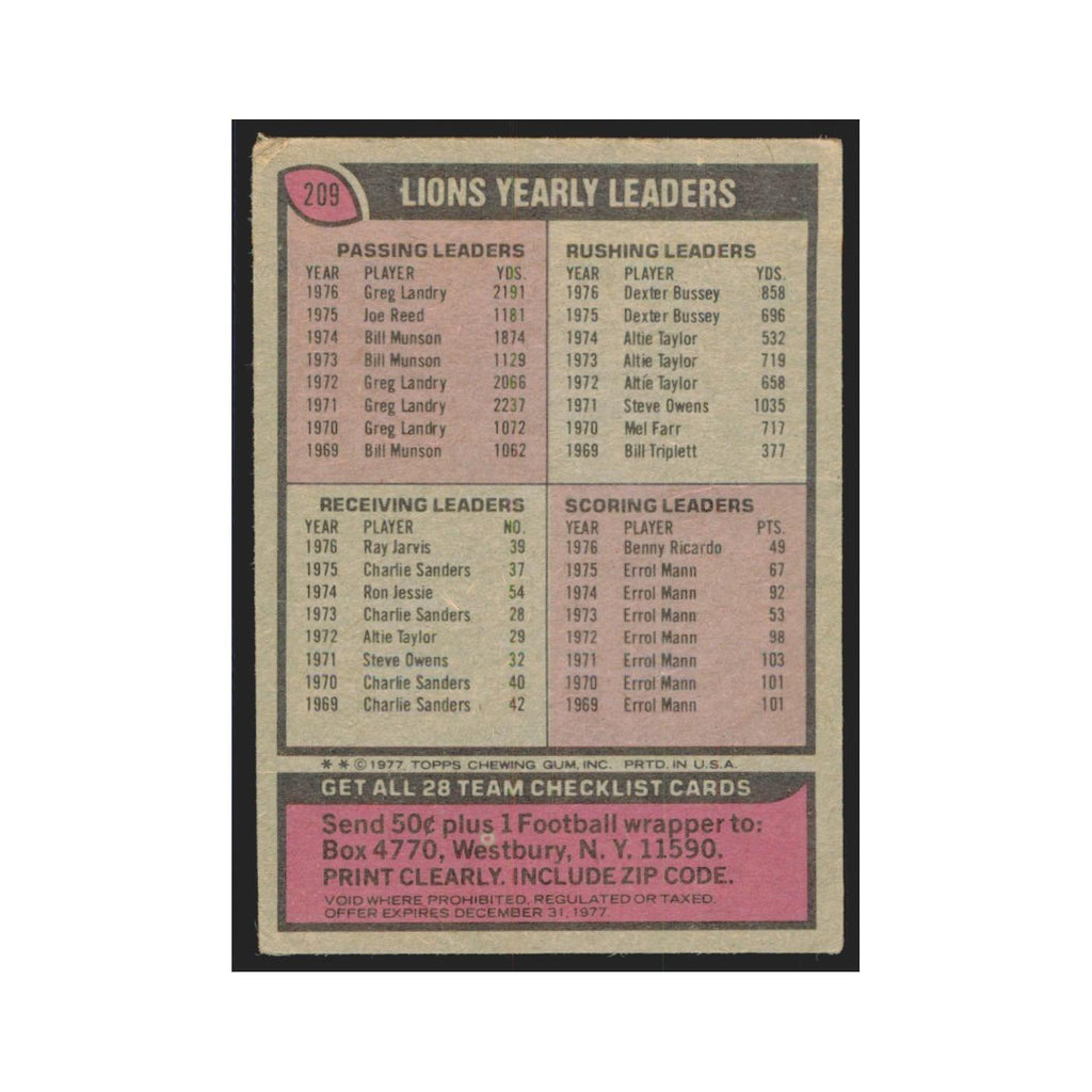 Detroit Lions Checklist 1977 Topps #209 Football Cards Football Card EX