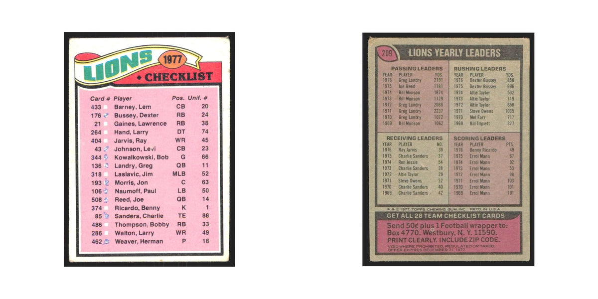 Detroit Lions Checklist 1977 Topps #209 Football Cards Football Card EX