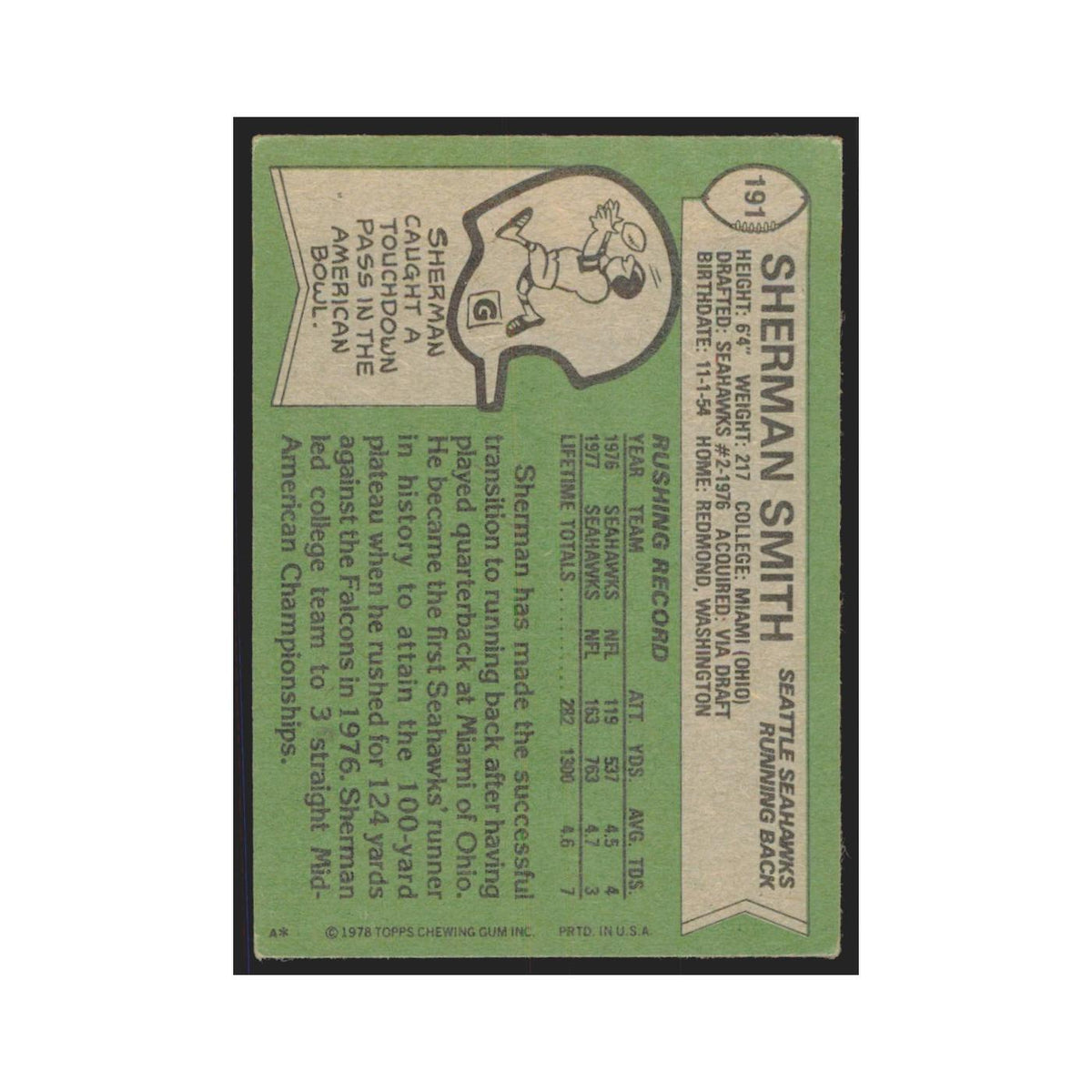 Sherman Smith 1978 Topps #191 Football Cards Football Card EX