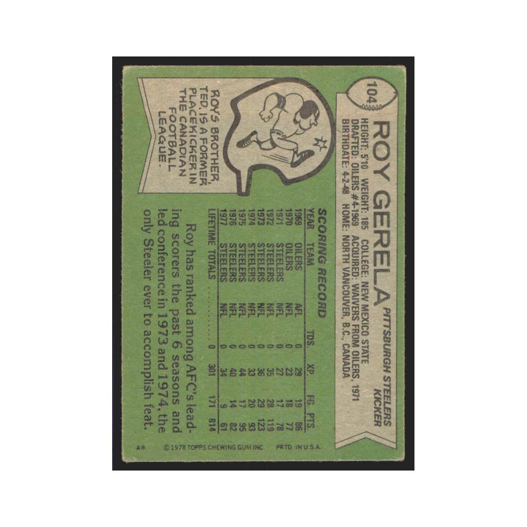 Roy Gerela 1978 Topps #104 Football Cards Football Card EX