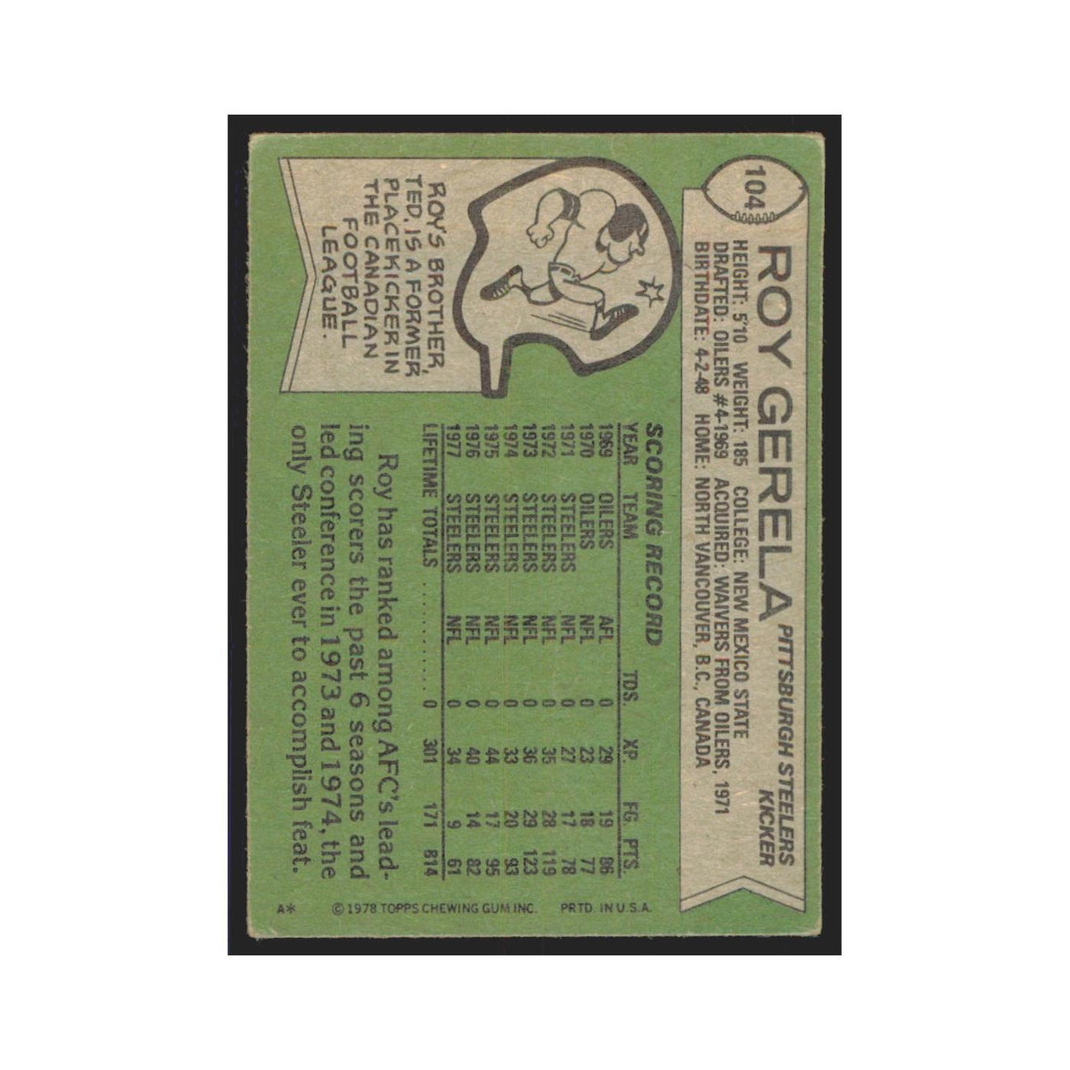 Roy Gerela 1978 Topps #104 Football Cards Football Card EX