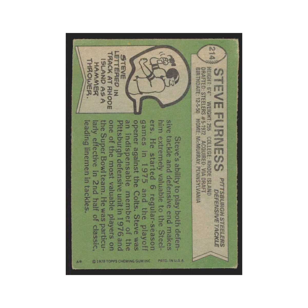 Steve Furness 1978 Topps #214 Football Cards Football Card EX