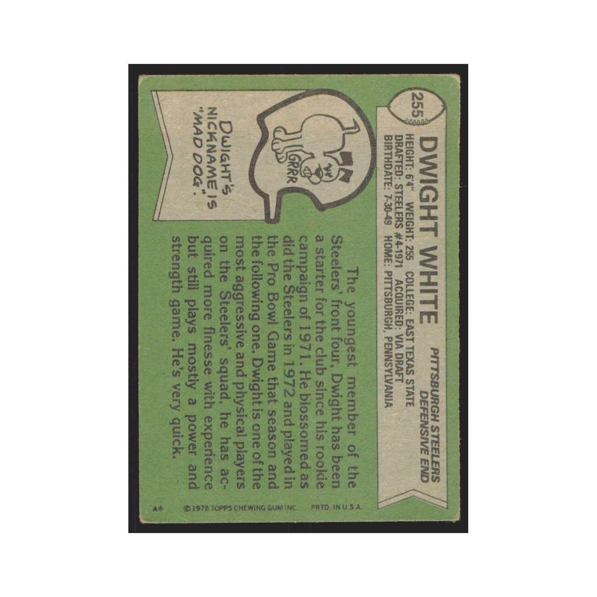 Dwight White 1978 Topps #255 Football Cards Football Card EX