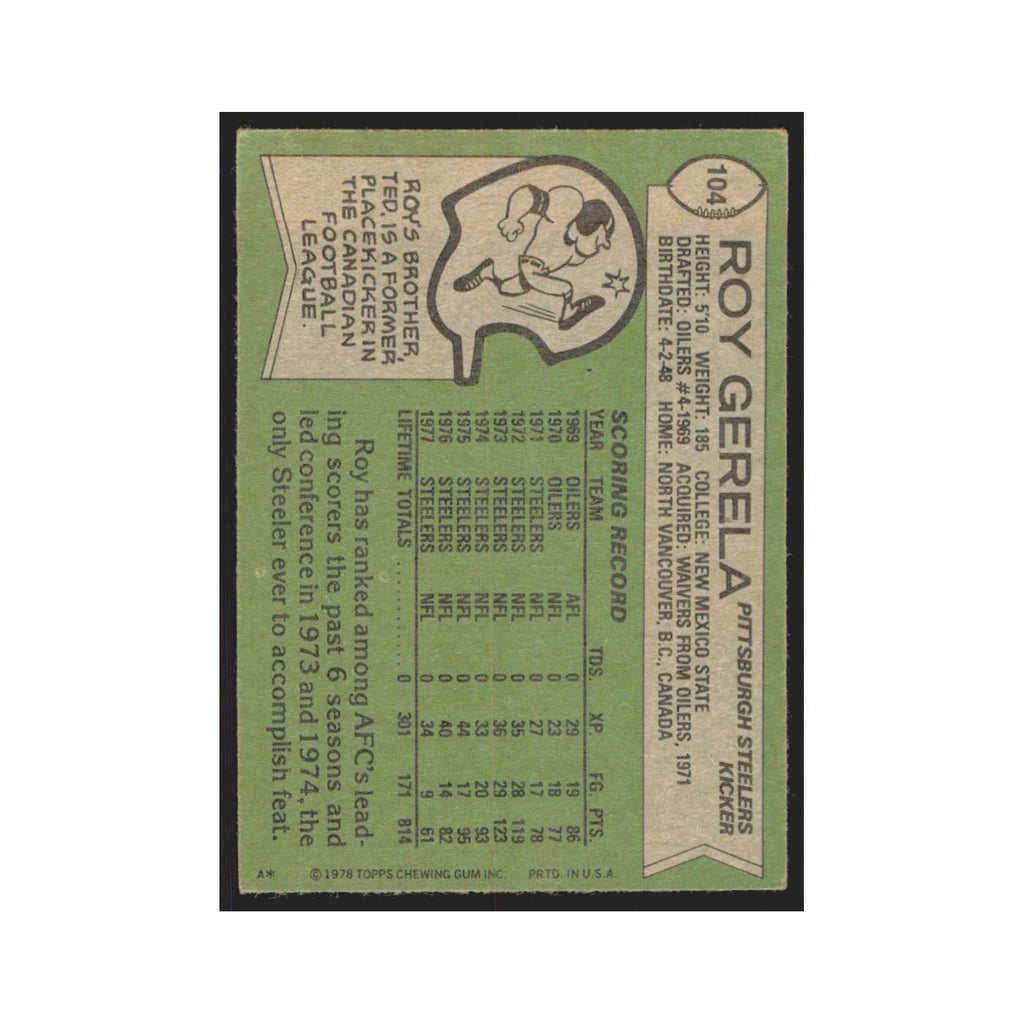 Roy Gerela 1978 Topps #104 Football Cards Football Card EX