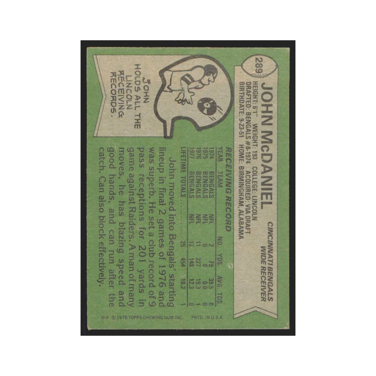 John Mcdaniel 1978 Topps #289 Football Cards Football Card EX