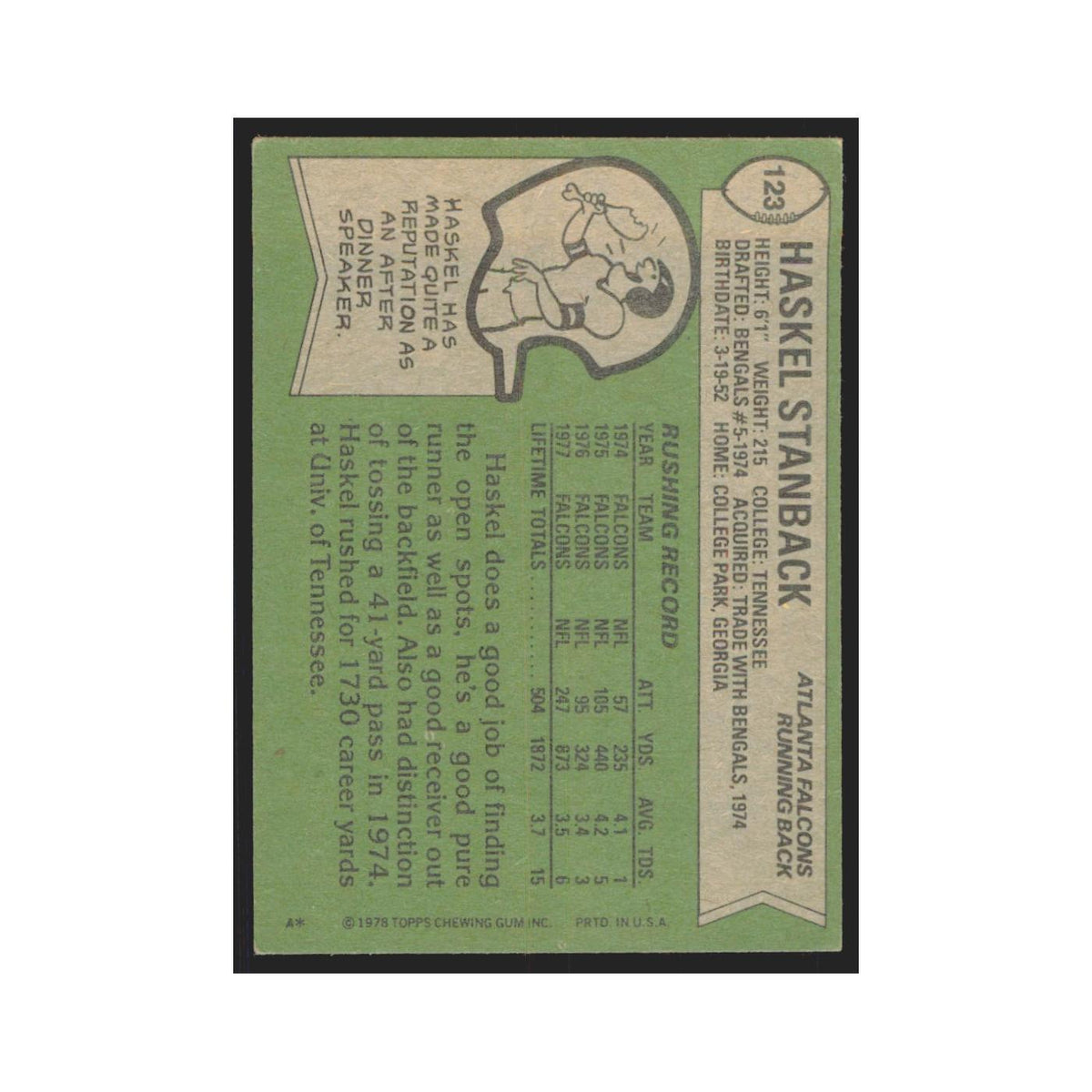 Haskel Stanback 1978 Topps #123 Football Cards Football Card EX