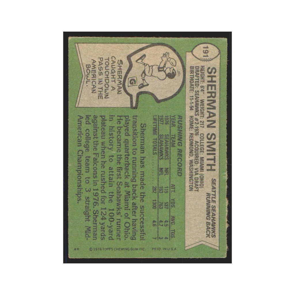 Sherman Smith 1978 Topps #191 Football Cards Football Card EX