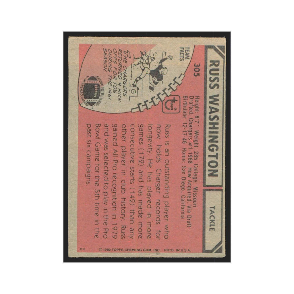 Russ Washington 1980 Topps #305 Football Cards Football Card EX