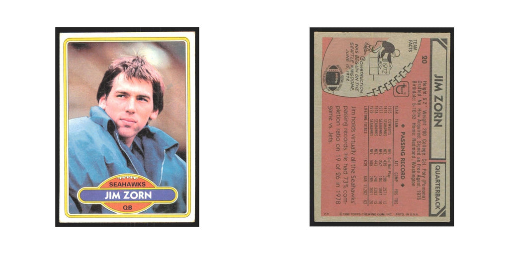 Jim Zorn 1980 Topps #20 Football Cards Football Card EX