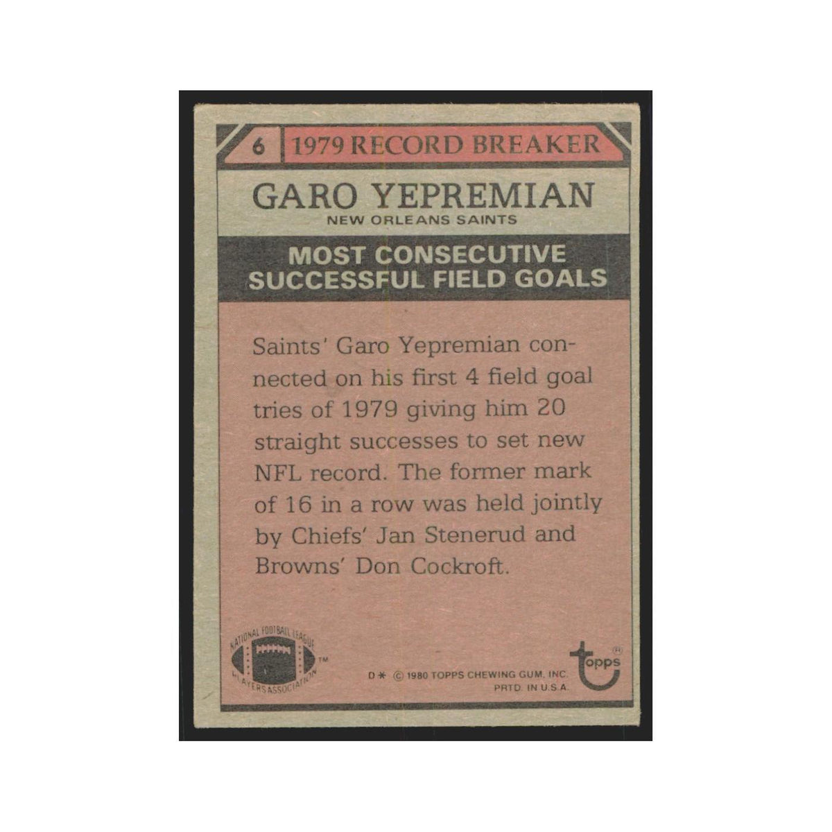 Garo Yepremian 1980 Topps #6 Football Cards Football Card EX