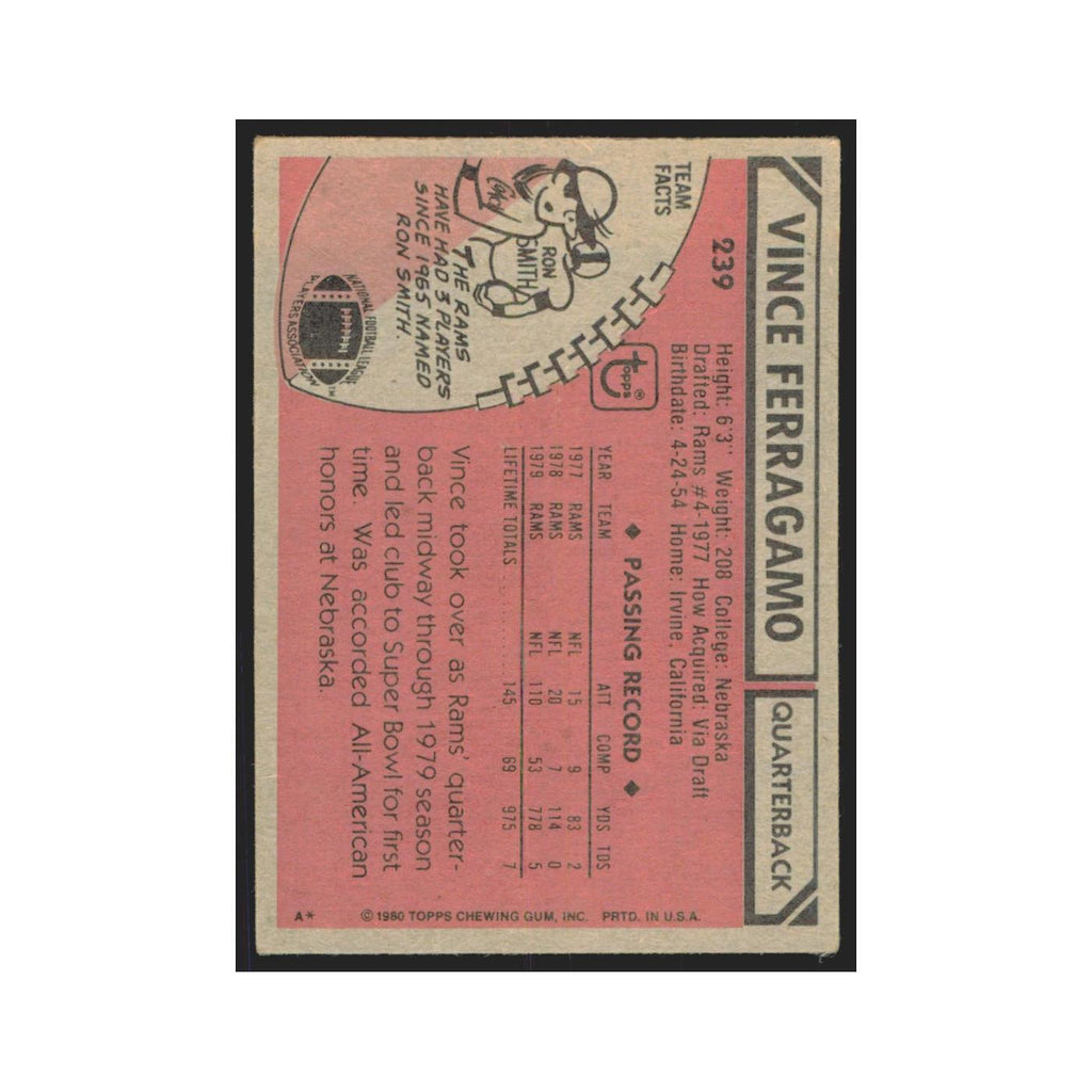 Vince Ferragamo 1980 Topps #239 Football Cards Football Card EX