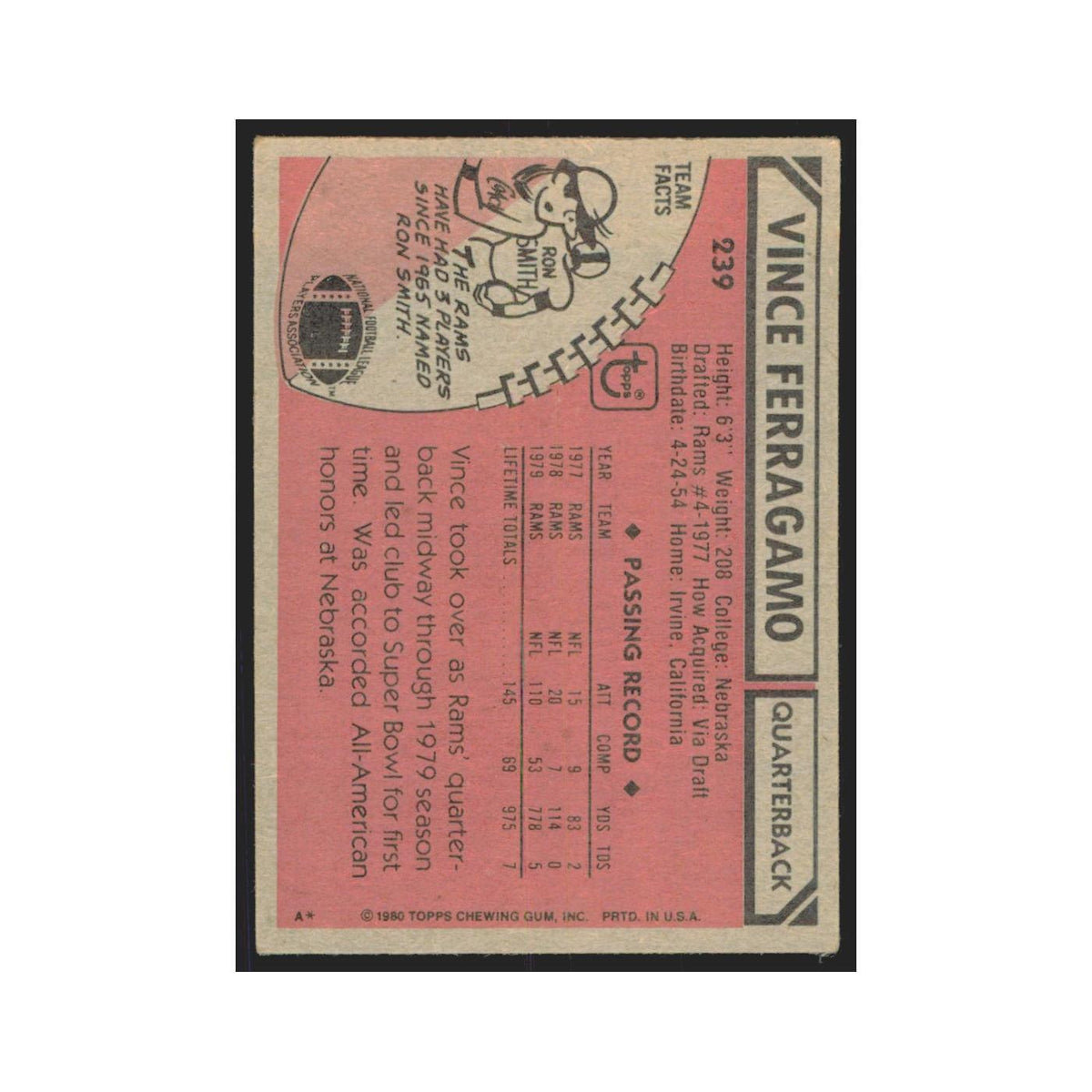 Vince Ferragamo 1980 Topps #239 Football Cards Football Card EX