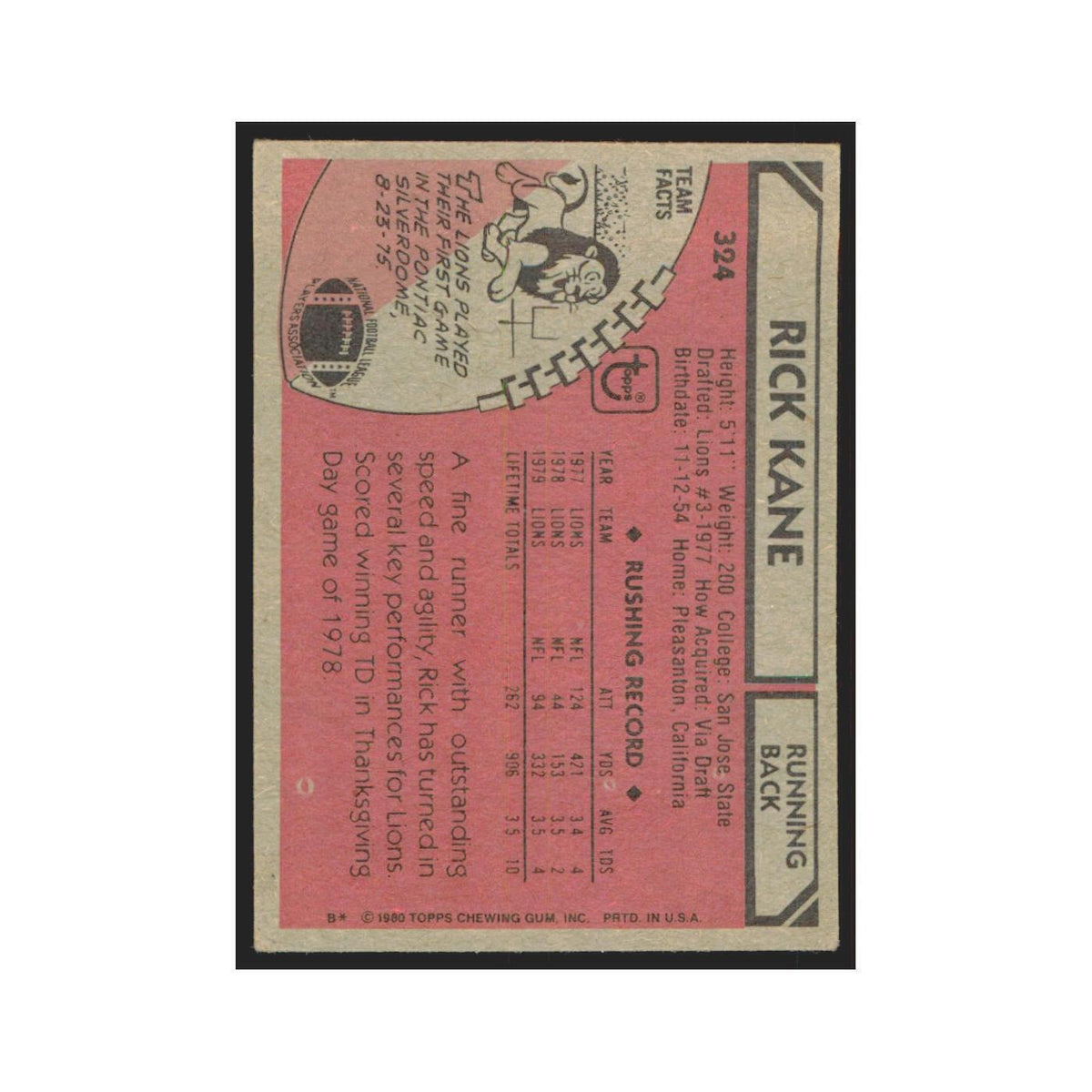 Rick Kane 1980 Topps #324 Football Cards Football Card EX