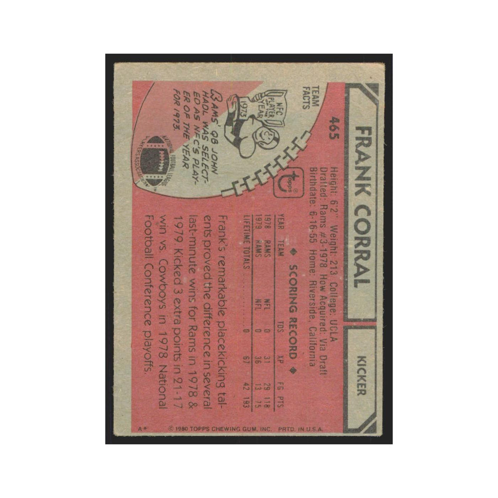 Frank Corral 1980 Topps #465 Football Cards Football Card EX
