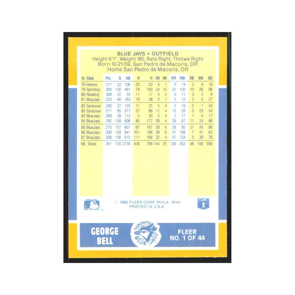 George Bell 1988 Fleer Baseball MVP's #1.0 Toronto Blue Jays Baseball Card NM