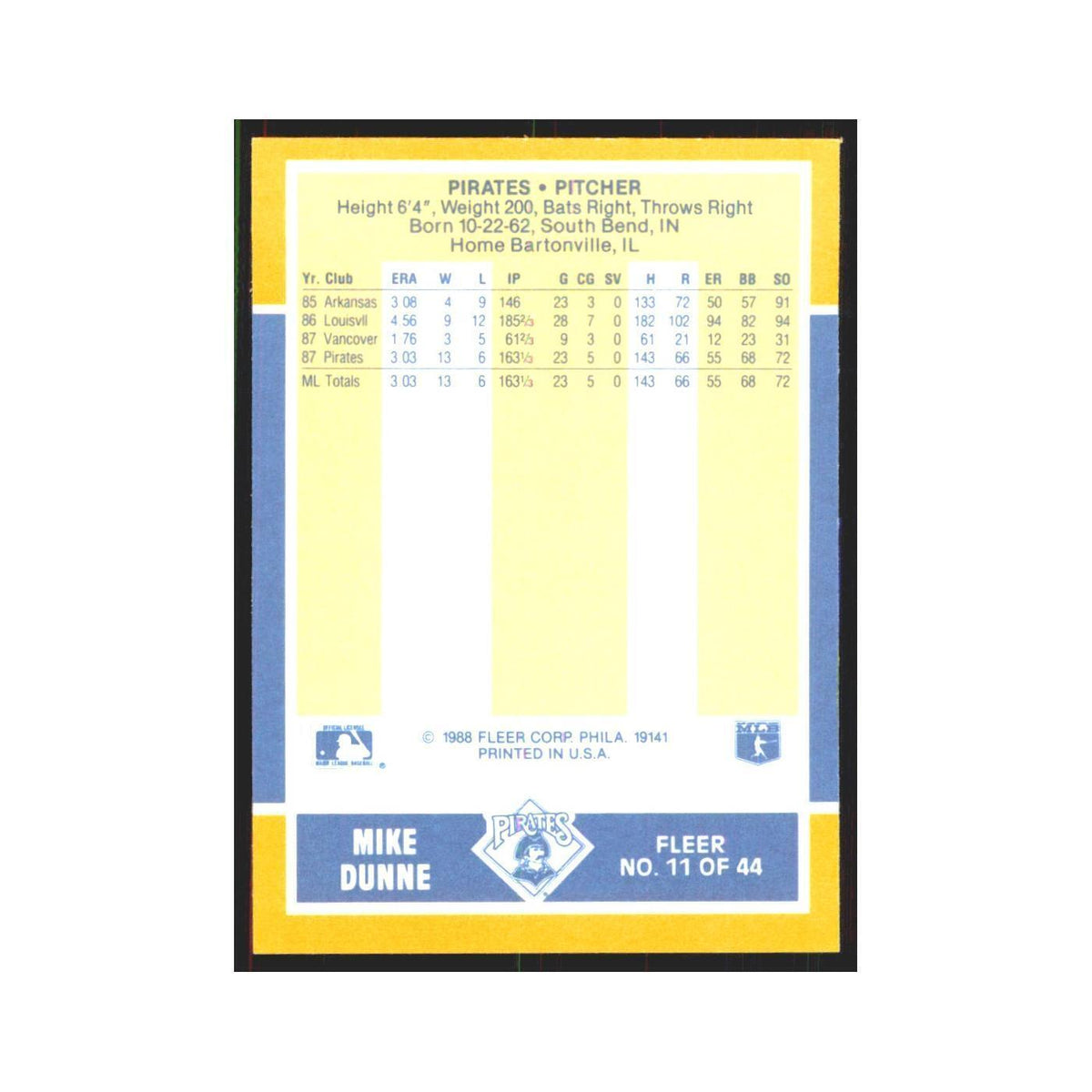 Mike Dunne 1988 Fleer Baseball MVP's #11.0 Pittsburgh Pirates Baseball Card NM