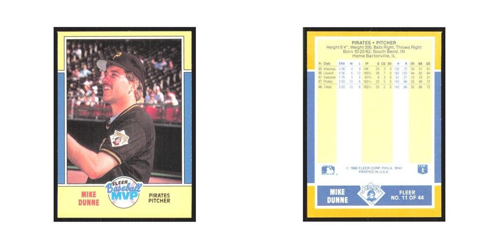 Mike Dunne 1988 Fleer Baseball MVP's #11.0 Pittsburgh Pirates Baseball Card NM