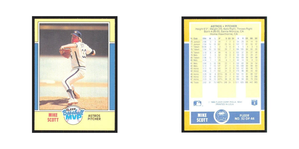 Mike Scott 1988 Fleer Baseball MVP's #32.0 Houston Astros Baseball Card NM