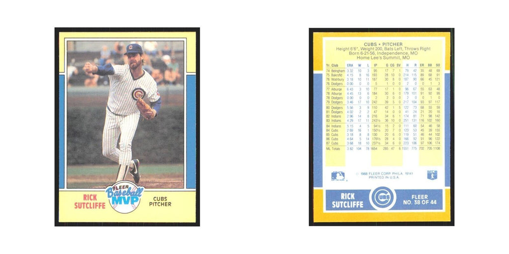 Rich Sutcliffe 1988 Fleer Baseball MVP's #38.0 Chicago Cubs Baseball Card NM
