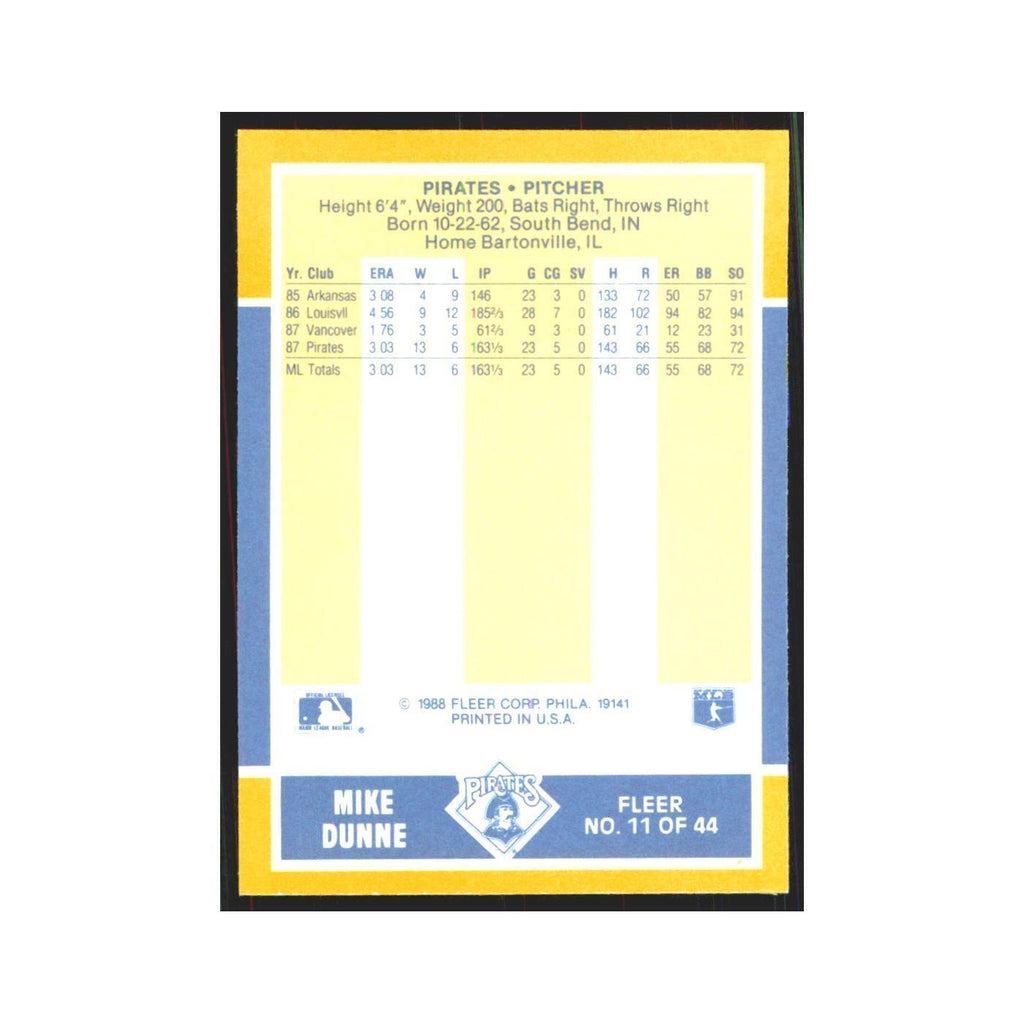Mike Dunne 1988 Fleer Baseball MVP's #11.0 Pittsburgh Pirates Baseball Card NM