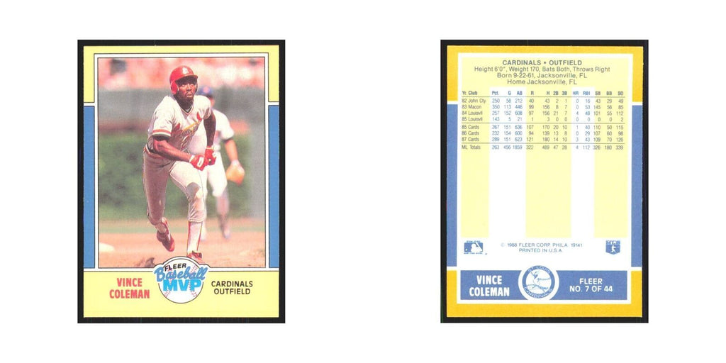 Vince Coleman 1988 Fleer Baseball MVP's #7.0 St. Louis Cardinals NM