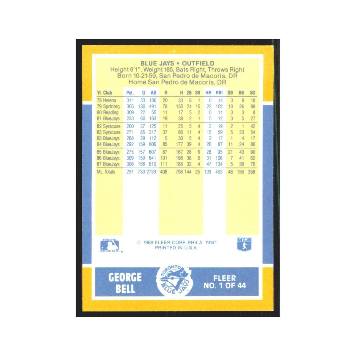 George Bell 1988 Fleer Baseball MVP's #1.0 Toronto Blue Jays Baseball Card NM