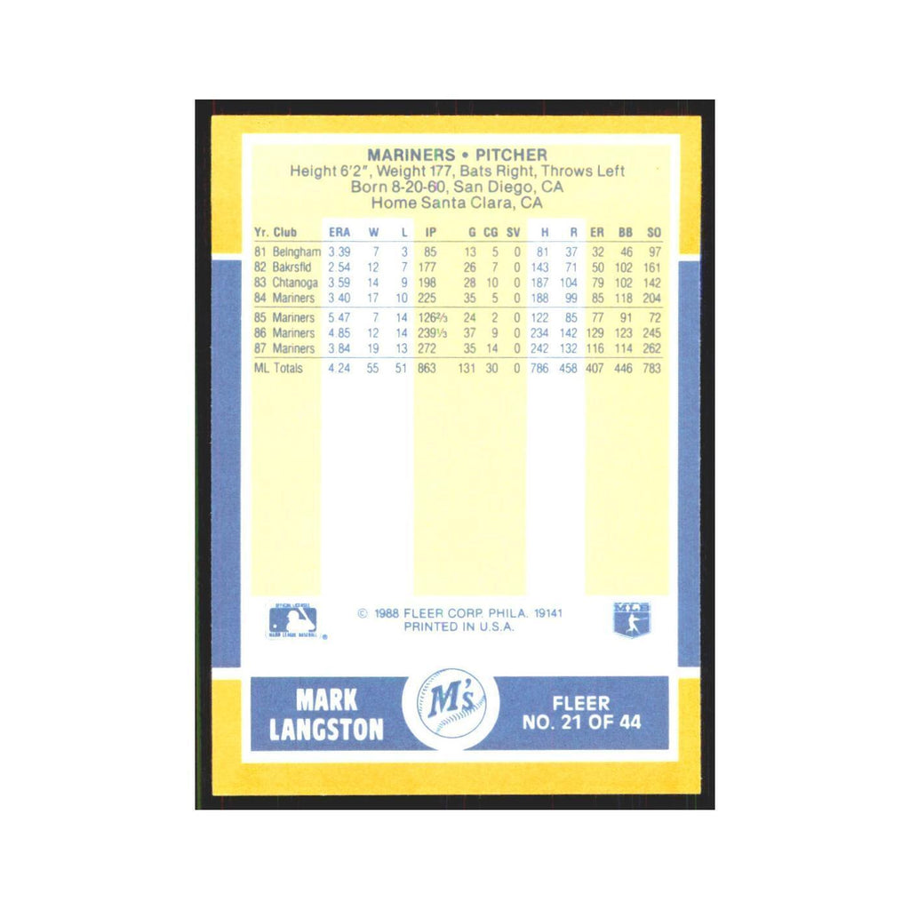 Mark Langston 1988 Fleer Baseball MVP's #21.0 Seattle Mariners Baseball Card NM