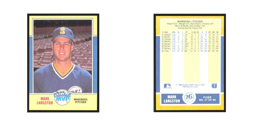 Mark Langston 1988 Fleer Baseball MVP's #21.0 Seattle Mariners Baseball Card NM