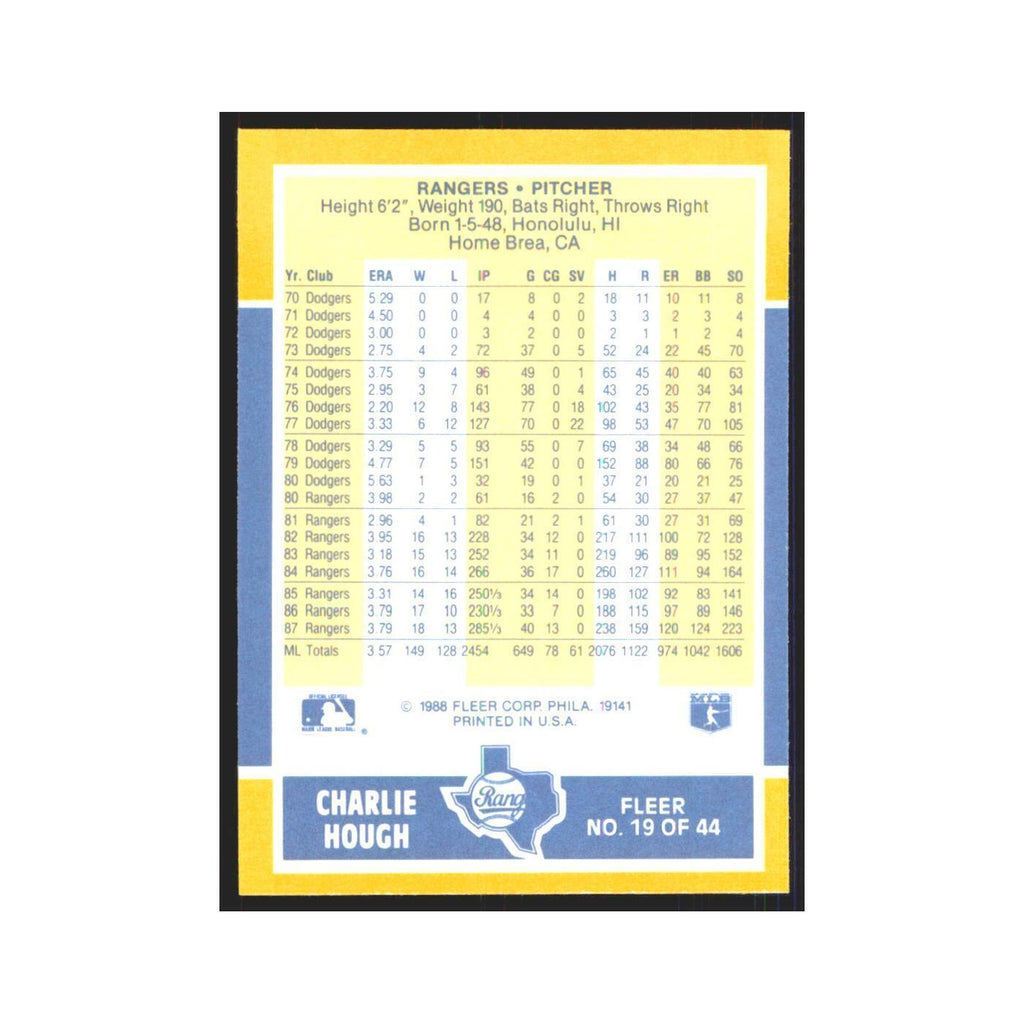 Charlie Hough 1988 Fleer Baseball MVP's #19.0 Texas Rangers Baseball Card NM