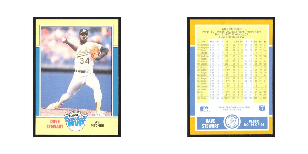 Dave Stewart 1988 Fleer Baseball MVP's #36.0 Oakland Athletics Baseball Card NM