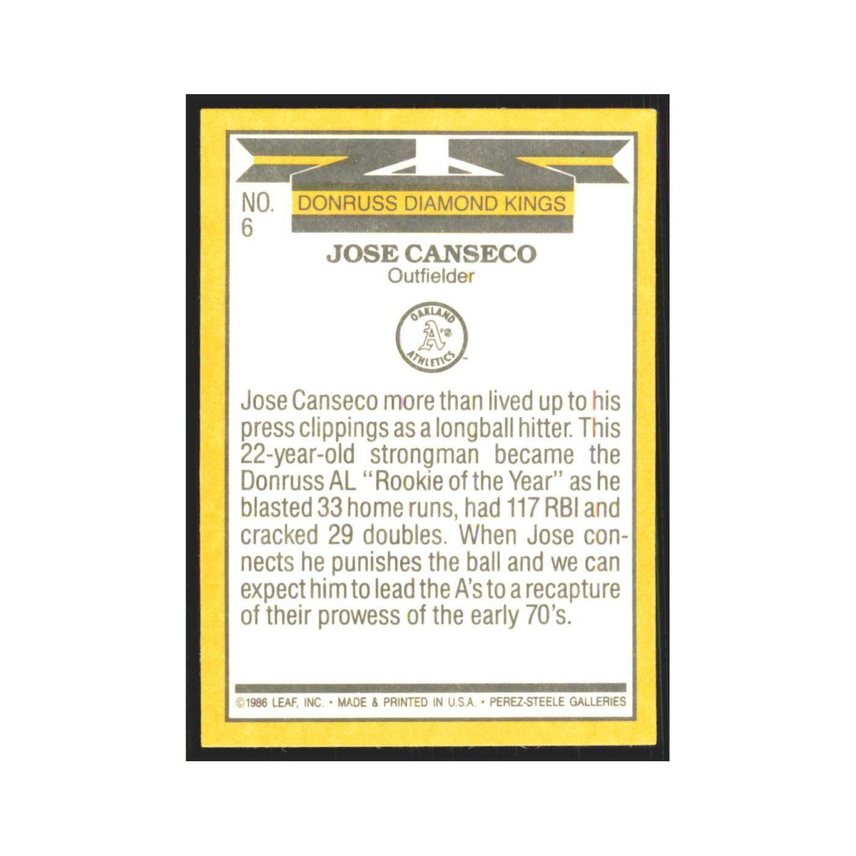 Jose Canseco 1987 Donruss #6.0 Oakland Athletics Baseball Card NM