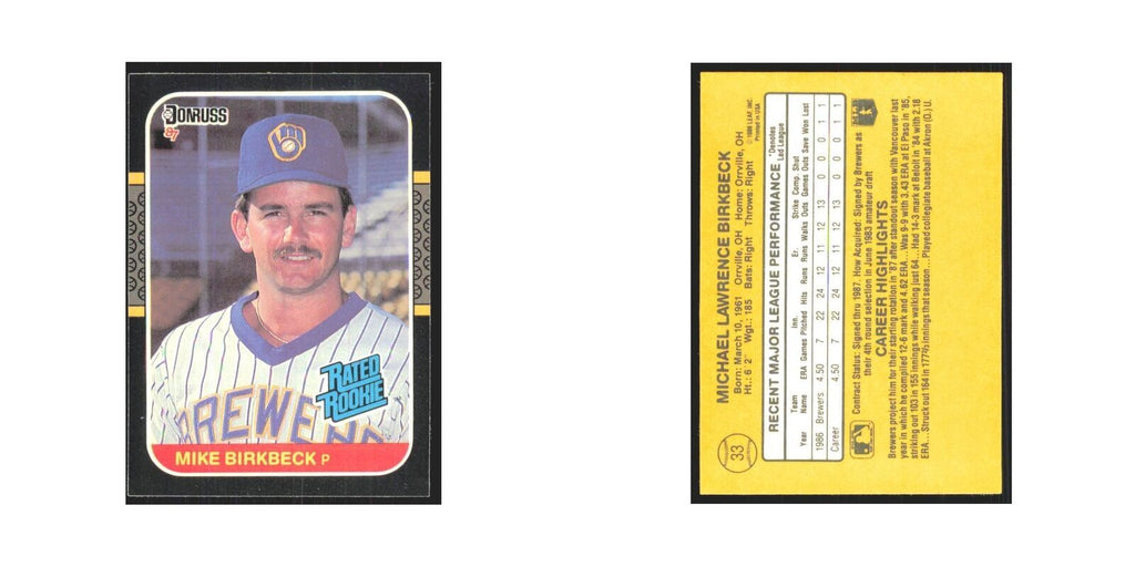 Mike Birkbeck Rookie 1987 Donruss #33.0 Milwaukee Brewers Baseball Card NM