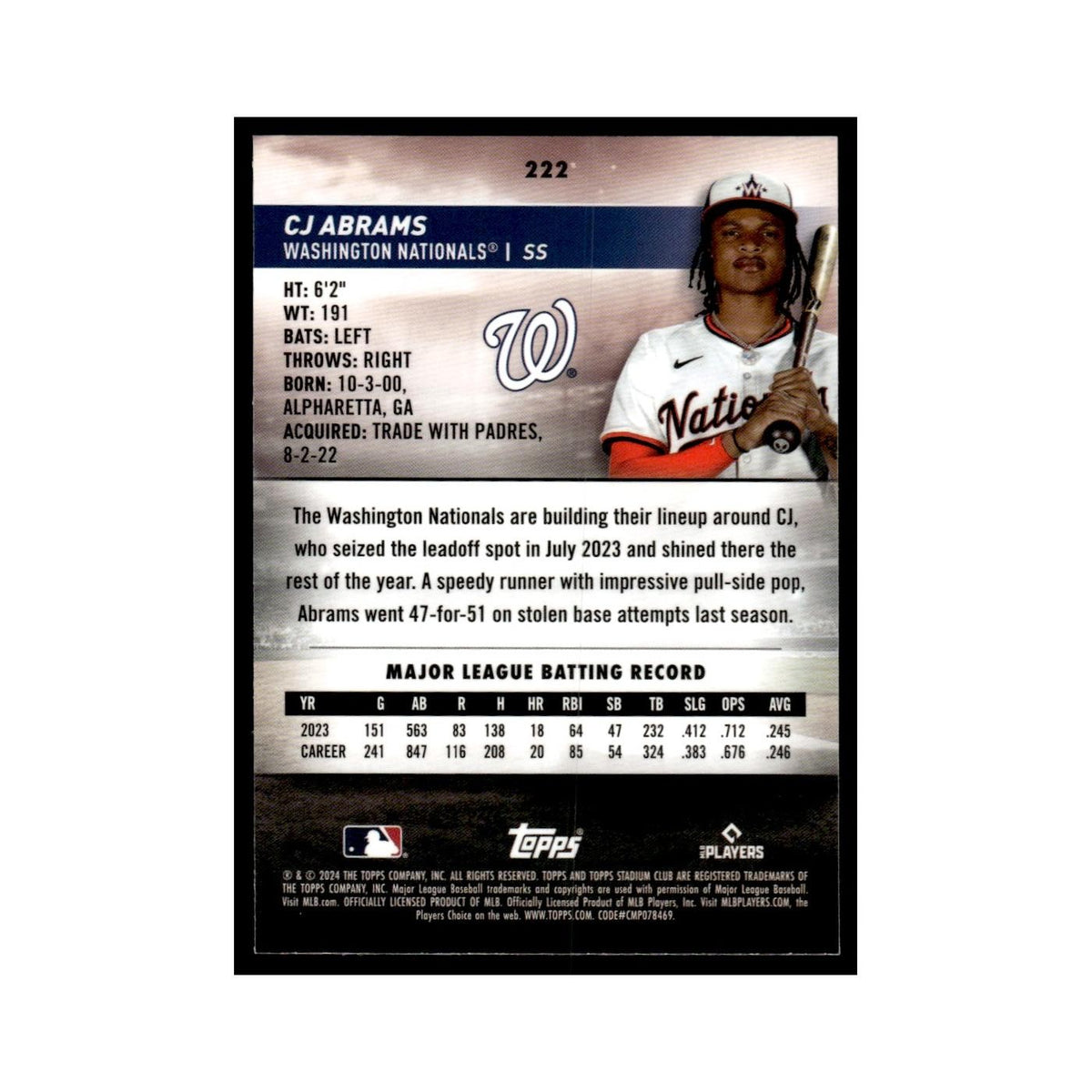CJ Abrams 2024 Topps Stadium Club Chrome #222 Baseball Card NM