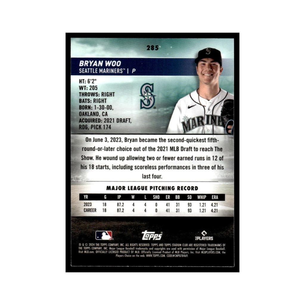 Bryan Woo 2024 Topps Stadium Club Chrome #285 Baseball Card NM