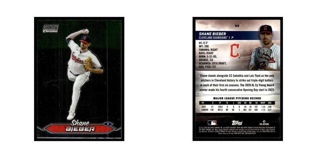 Shane Bieber 2024 Topps Stadium Club Chrome #66 Baseball Card NM
