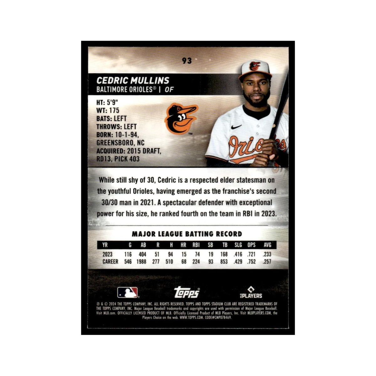 Cedric Mullins 2024 Topps Stadium Club Chrome #93 Baseball Card NM