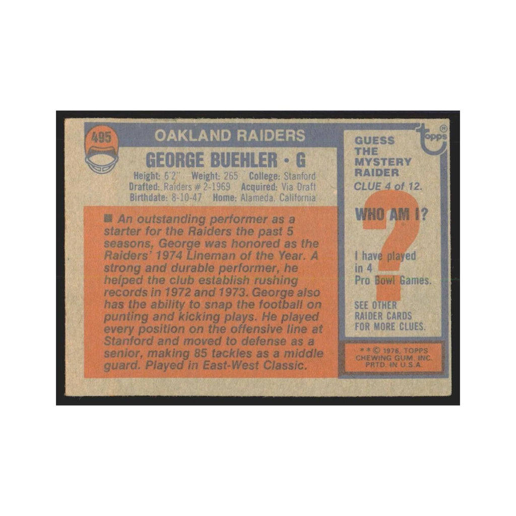 George Buehler 1976 Topps #495 Oakland Raiders Football Card EX