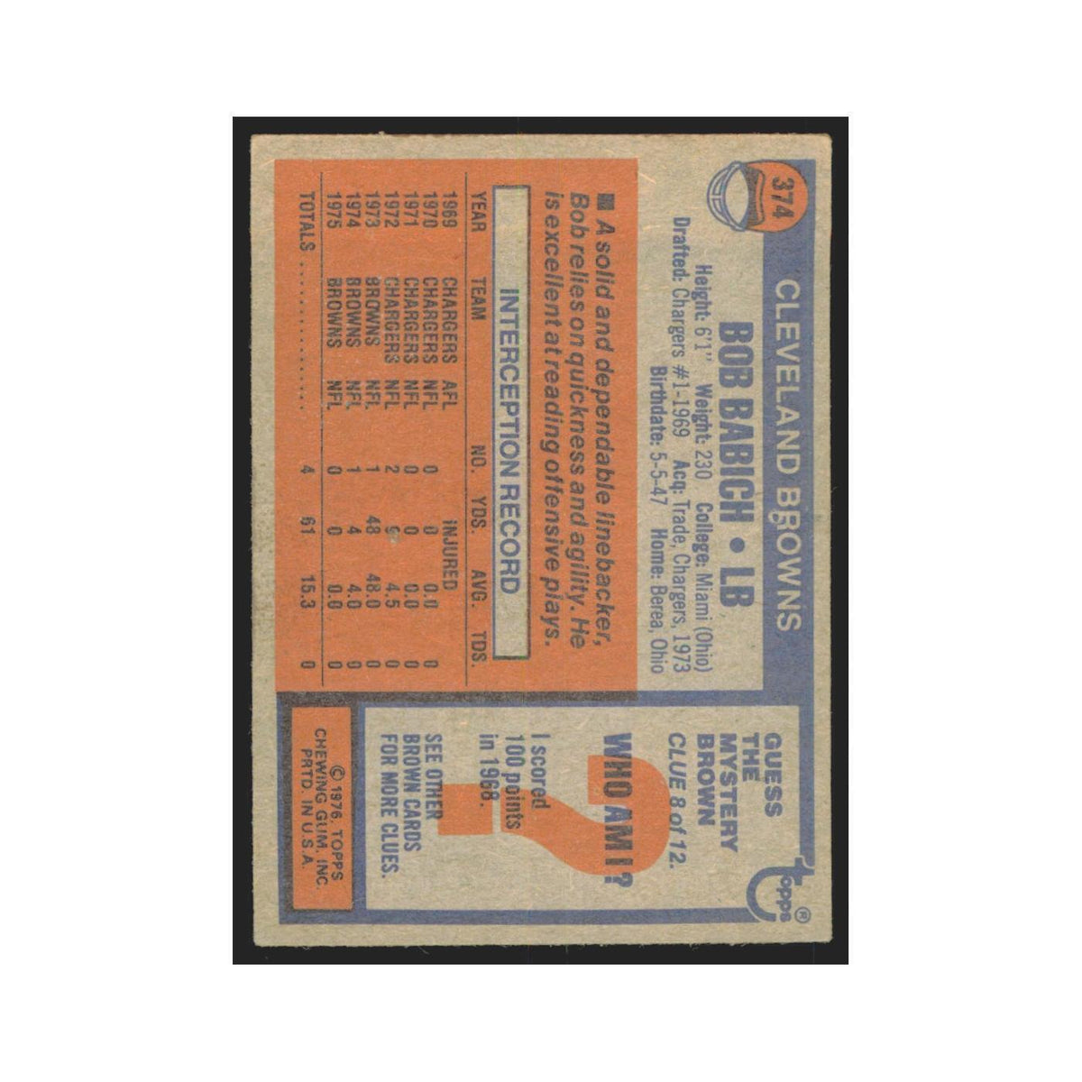 Bob Babich 1976 Topps #374 Cleveland Browns Football Card EX