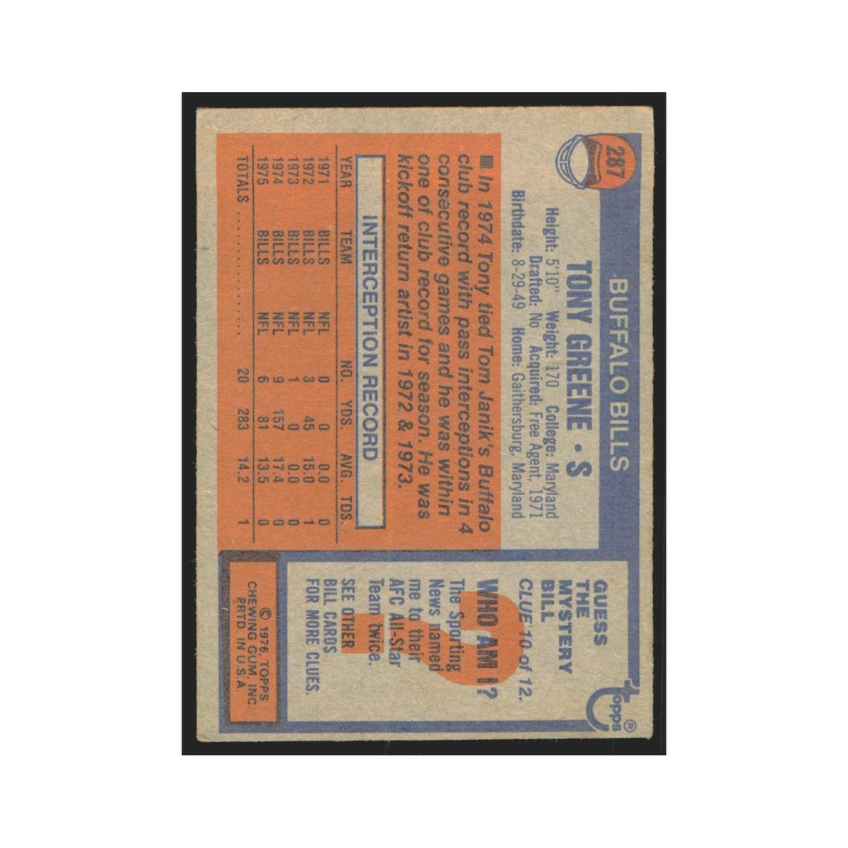 Tony Greene 1976 Topps #287 Buffalo Bills Football Card EX