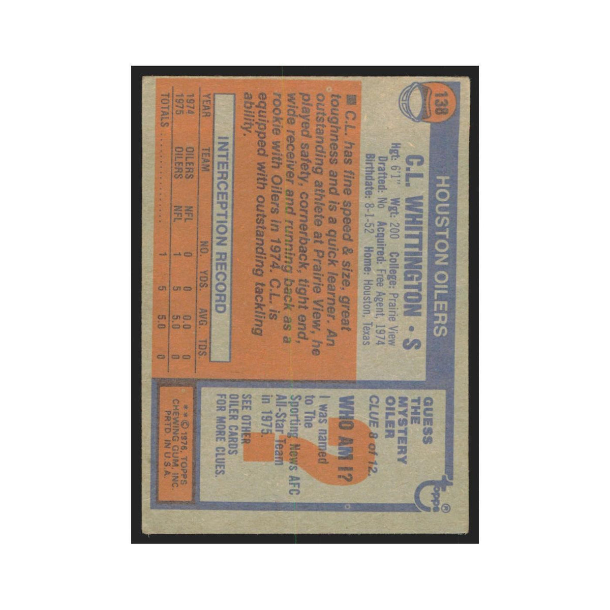 C.L. Whittington 1976 Topps #138 Houston Oilers Football Card EX