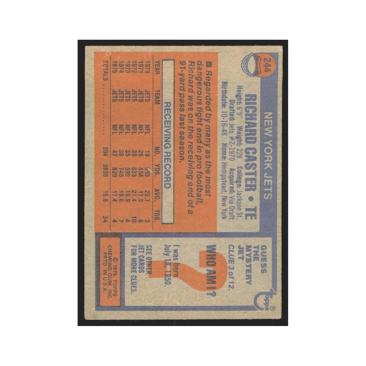Richard Caster 1976 Topps #244 New York Jet Football Card EX