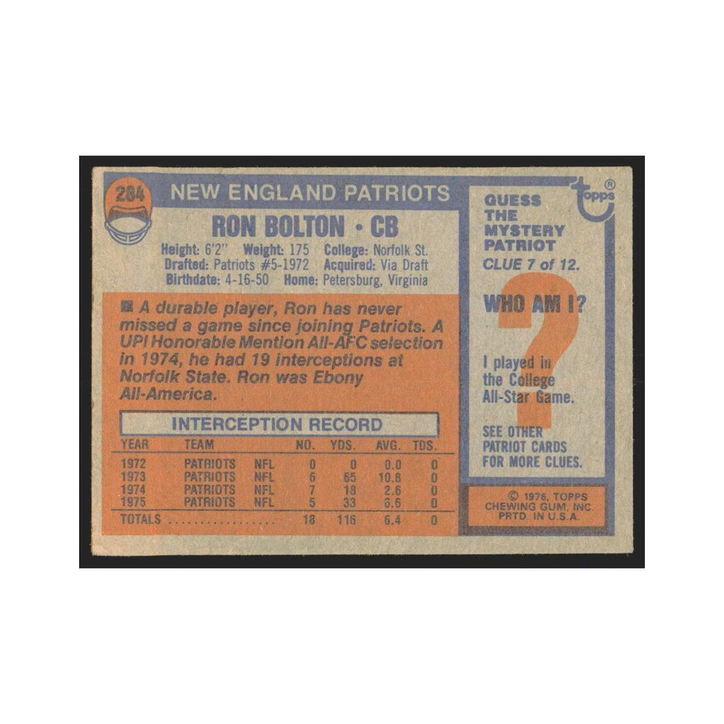 Ron Bolton 1976 Topps #284 New England Patriots Football Card EX