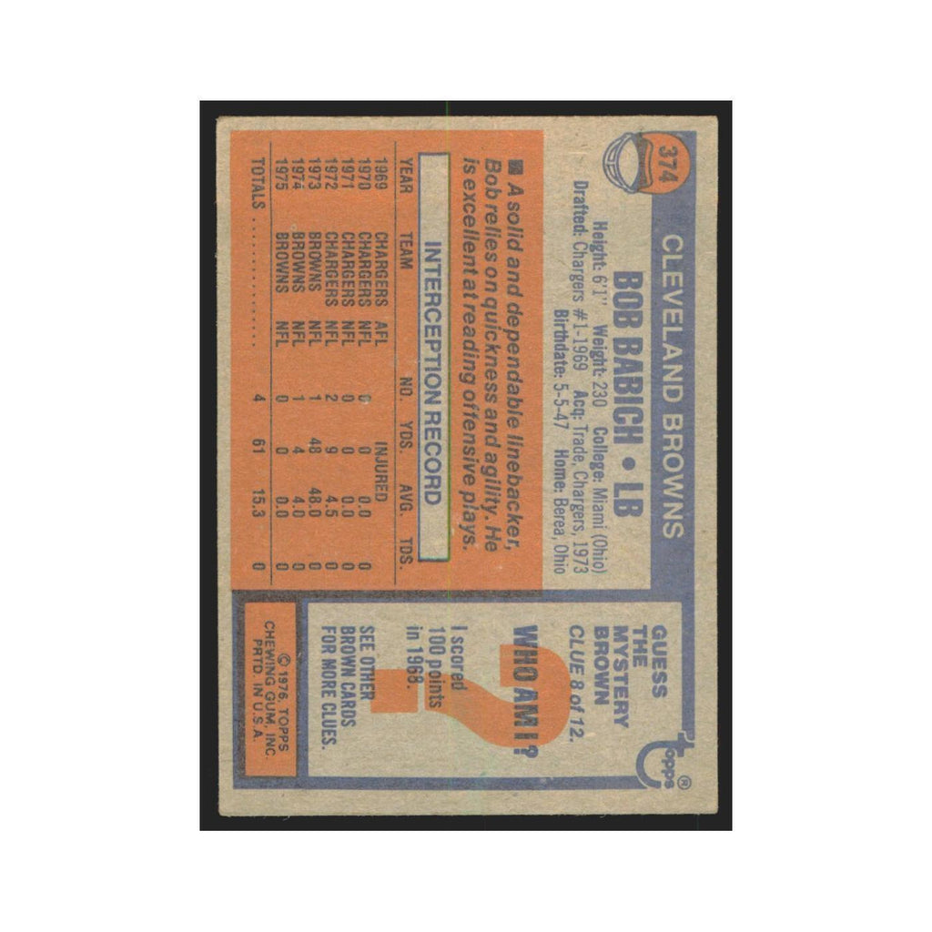 bob Babich 1976 Topps #374 Cleveland Browns Football Card EX