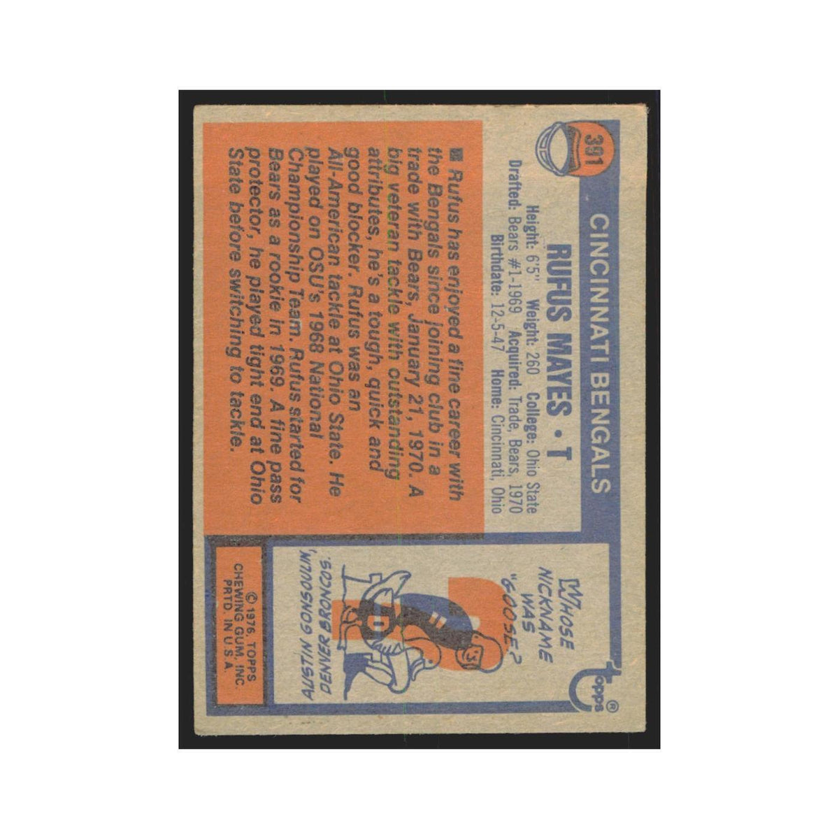 Rufus Mayes 1976 Topps #391 Cincinnati Bengals Football Card EX