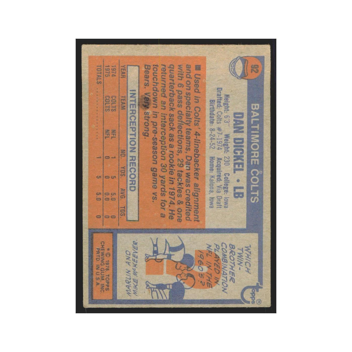 Dan Dickel 1976 Topps #92 Baltimore Colts Football Card EX