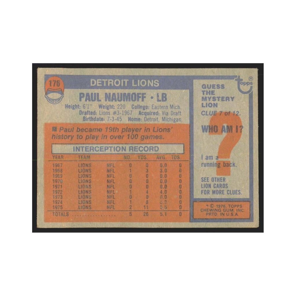 Paul Naumoff 1976 Topps #176 Detroit Lions Football Card EX