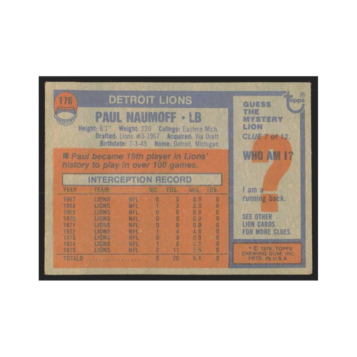 Paul Naumoff 1976 Topps #176 Detroit Lions Football Card EX